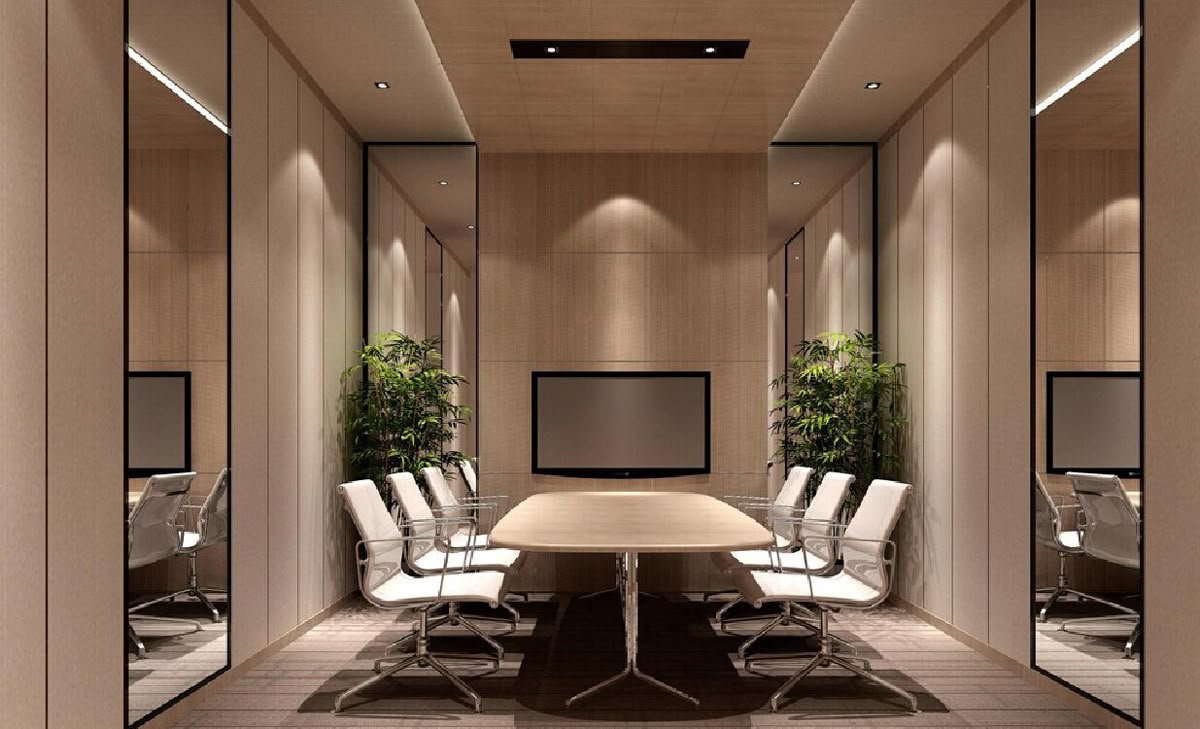 Collaborative office meeting space with contemporary furniture