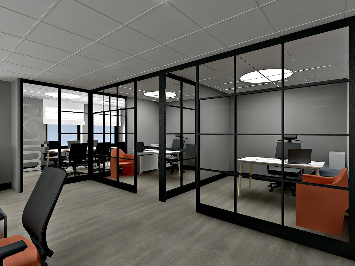 Contemporary office partitions with glass panels